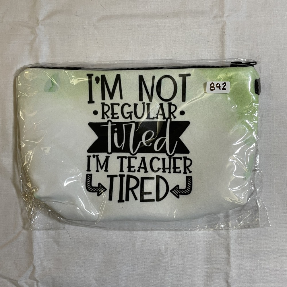 The Pouch Teacher Tired Makeup Bag White Green NWT Zippered Travel Case - Picture 1 of 2